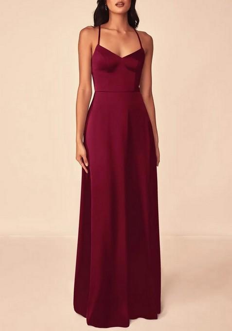 Burgundy Flowy V-Neck Stretch Satin Gown