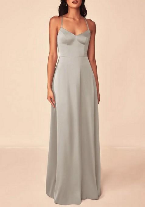 Silver Flowy V-Neck Stretch Satin Gown