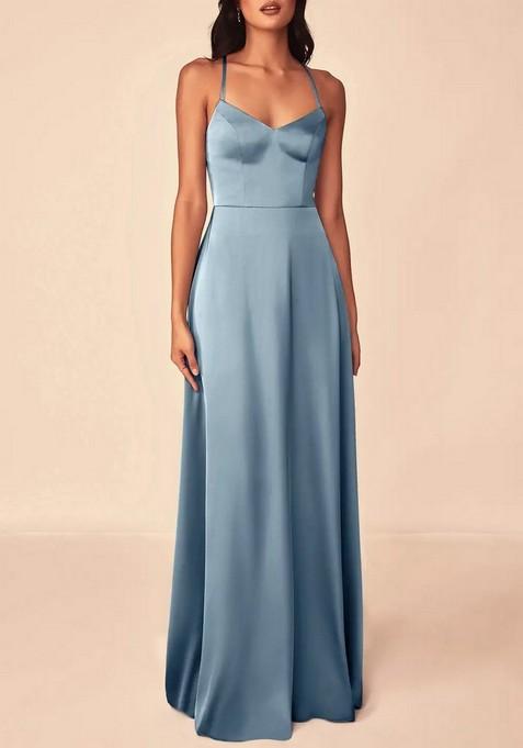 Dusty Blue Flowy V-Neck Stretch Satin Gown