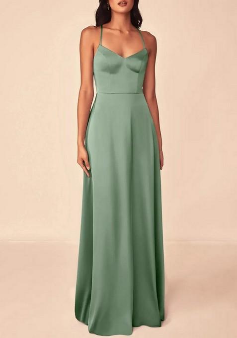 Light Green Flowy V-Neck Stretch Satin Gown