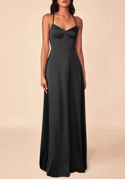 Black Flowy V-Neck Stretch Satin Gown