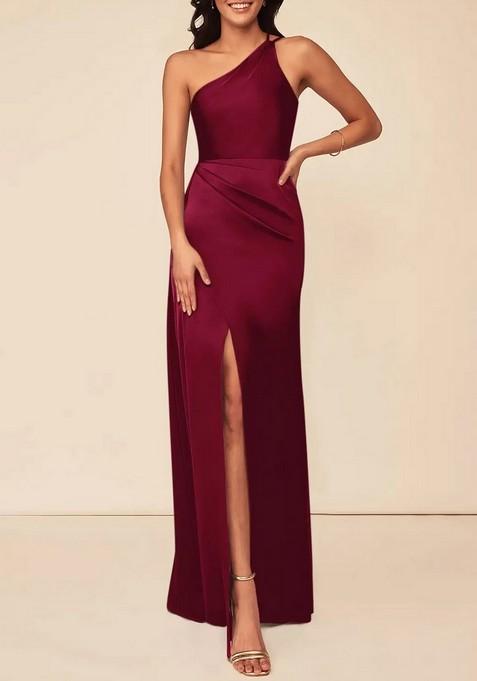 Burgundy Fitted One Shoulder Cascading Ruffles Stretch Satin Gown