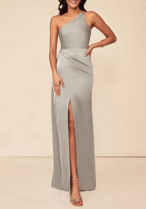 Silver Fitted One Shoulder Cascading Ruffles Stretch Satin Gown