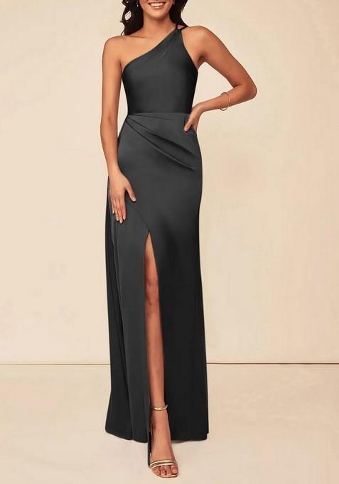 Black Fitted One Shoulder Cascading Ruffles Stretch Satin Gown