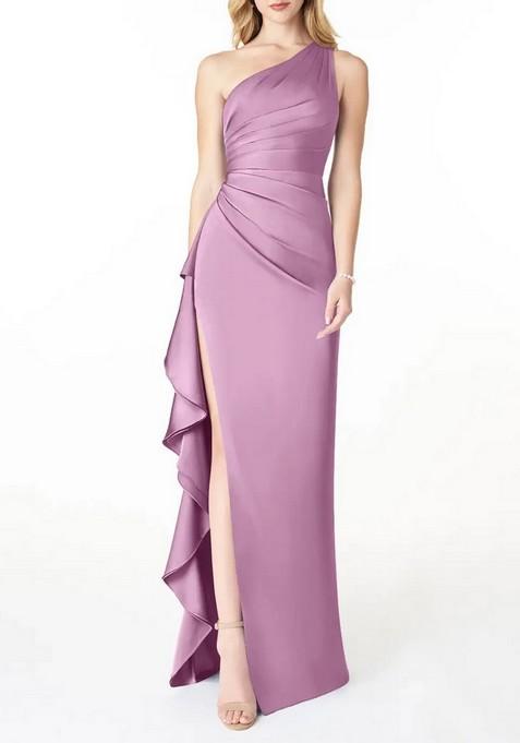 Lavender Fitted One Shoulder Cascading Ruffles Stretch Satin Gown