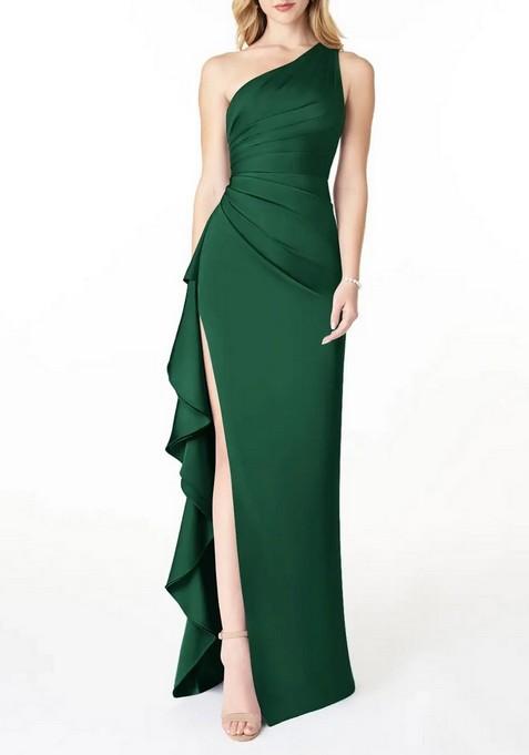 Dark Green Fitted One Shoulder Cascading Ruffles Stretch Satin Gown