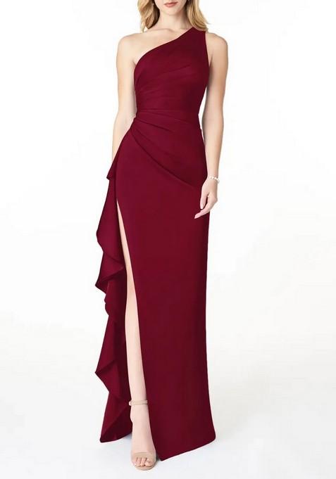 Burgundy Fitted One Shoulder Cascading Ruffles Stretch Satin Gown