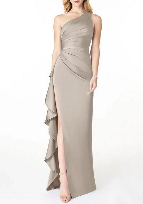 Silver Fitted One Shoulder Cascading Ruffles Stretch Satin Gown