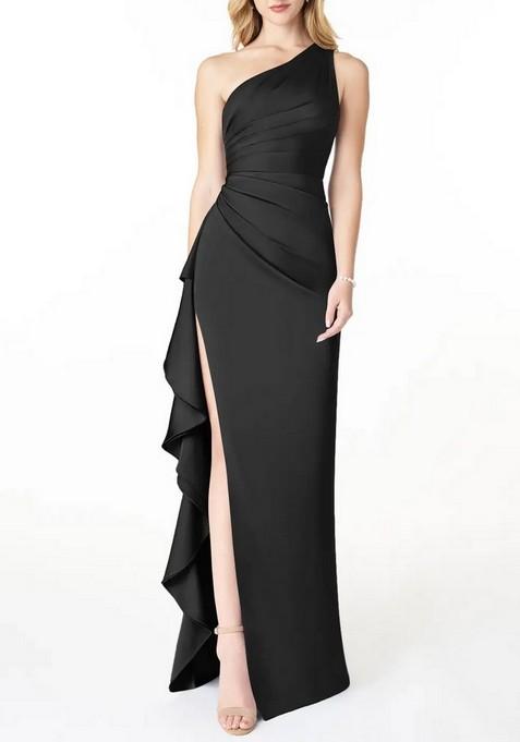 Black Fitted One Shoulder Cascading Ruffles Stretch Satin Gown