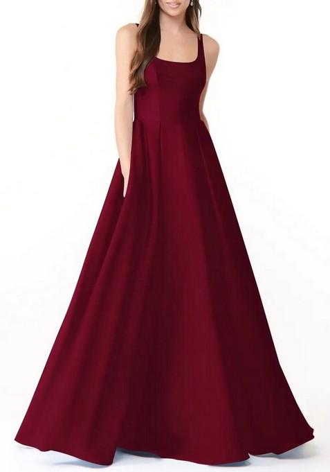 Burgundy Ball-Gown with Pockets Stretch Satin Gown