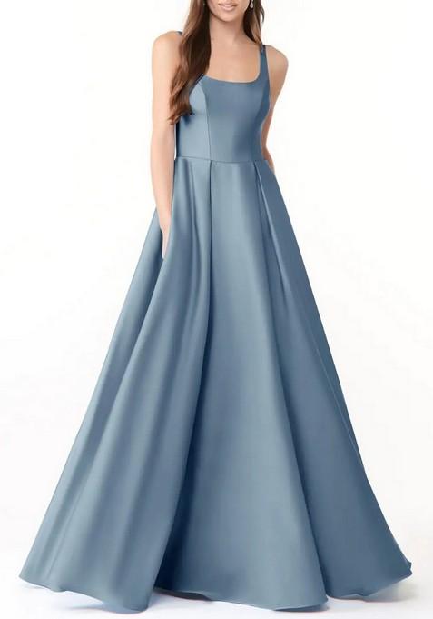 Dusty Blue Ball-Gown with Pockets Stretch Satin Gown