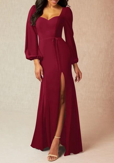 Burgundy Fitted Long Sleeve Stretch Satin Gown
