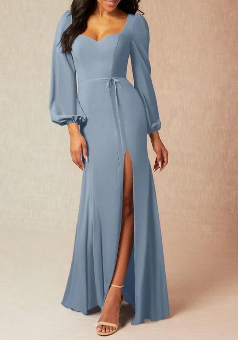 Dusty Blue Fitted Long Sleeve Stretch Satin Gown
