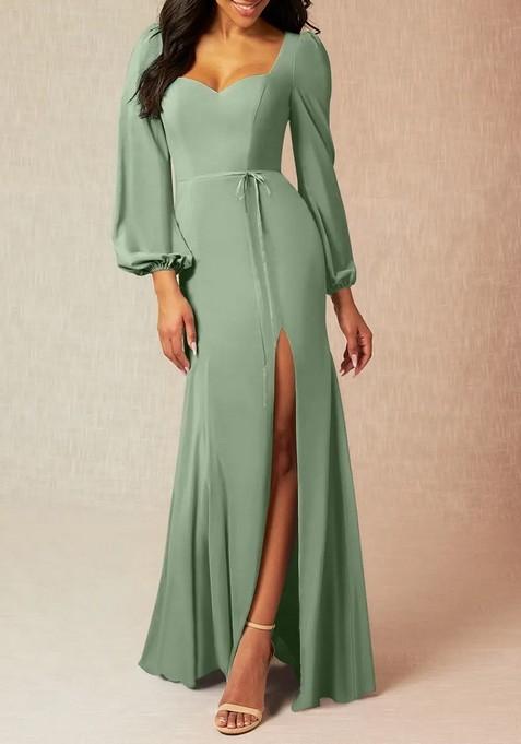 Light Green Fitted Long Sleeve Stretch Satin Gown
