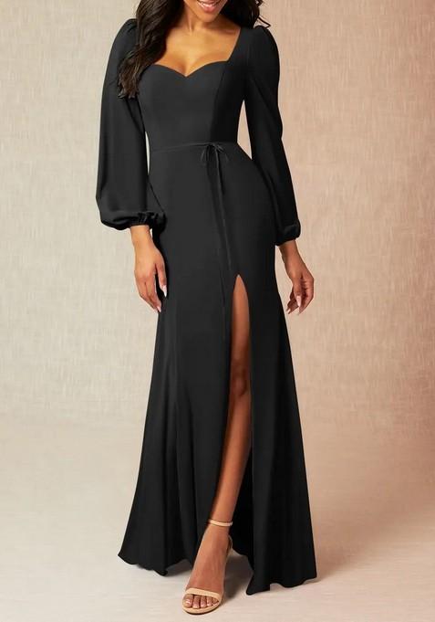 Black Fitted Long Sleeve Stretch Satin Gown
