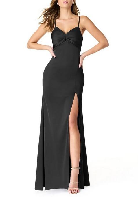 Black Fitted Pleated Stretch Satin Gown