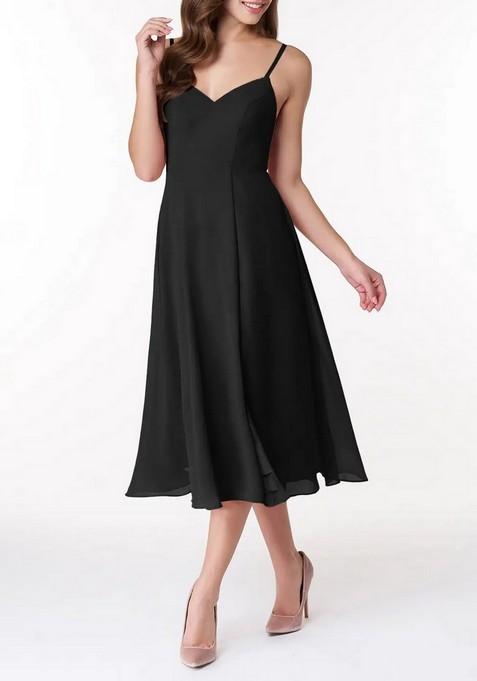 Black A-Line V-Neck Chiffon Dress