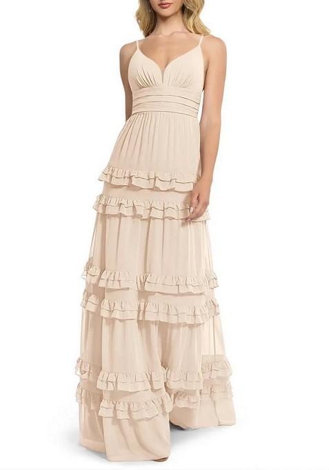 White Alabaster Flowy V-Neck Chiffon Gown