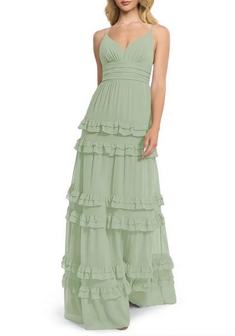 Sage Green Flowy V-Neck Chiffon Gown