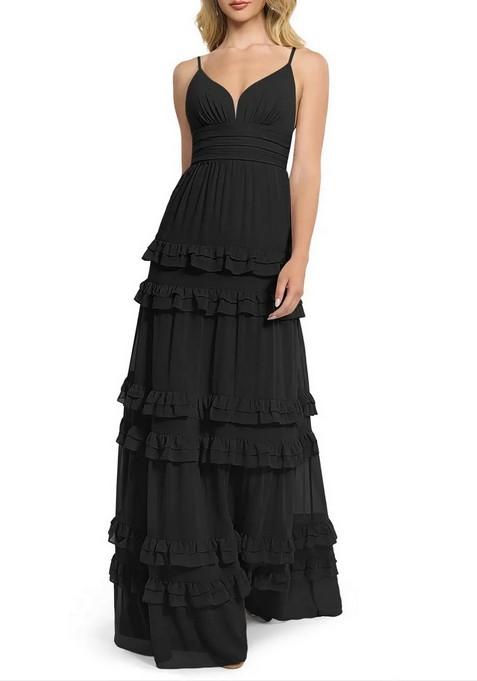 Black Flowy V-Neck Chiffon Gown