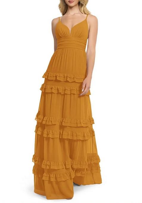 Mustard Flowy V-Neck Chiffon Gown