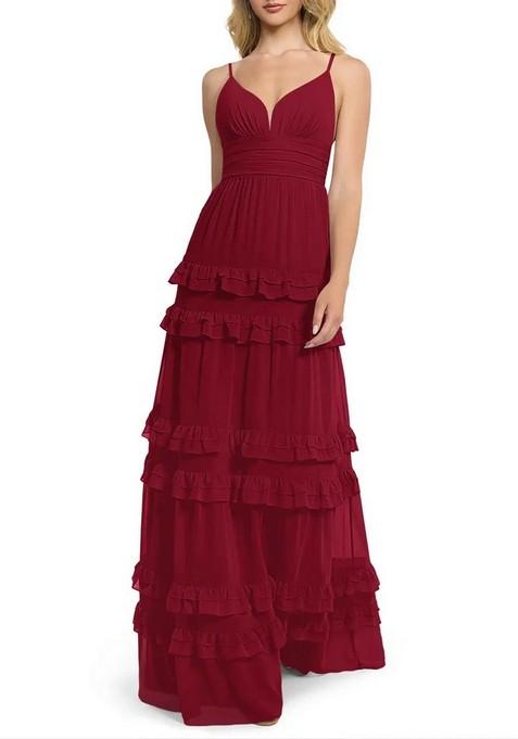 Burgundy Flowy V-Neck Chiffon Gown