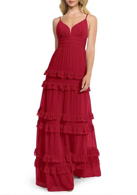 Bright Red Flowy V-Neck Chiffon Gown