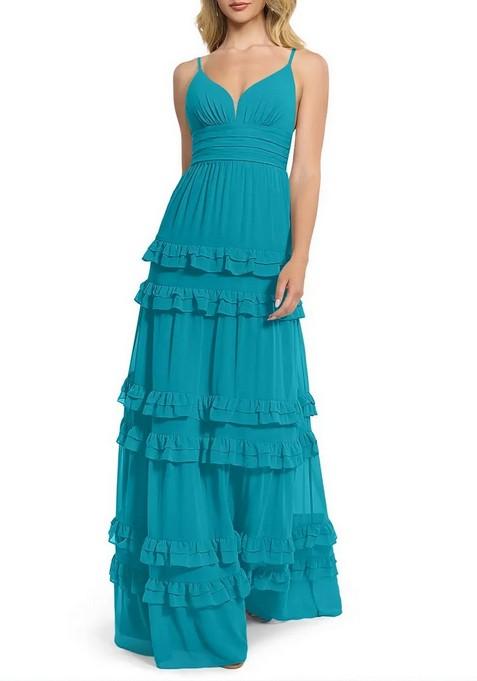 Blue Flowy V-Neck Chiffon Gown