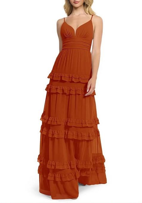 Dark Orange Flowy V-Neck Chiffon Gown