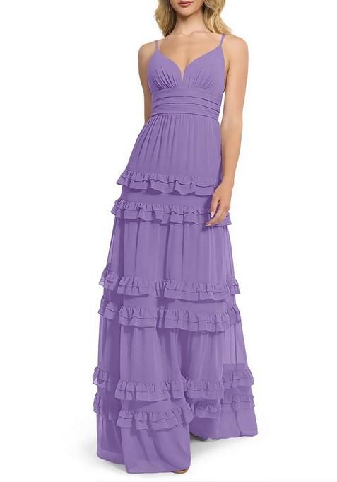 Lavender Flowy V-Neck Chiffon Gown