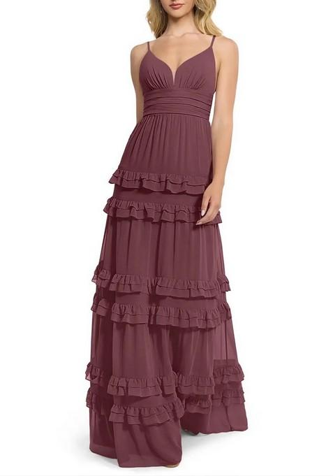 Burgundy Flowy V-Neck Chiffon Gown