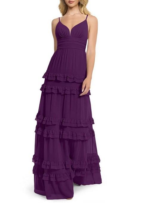 Purple Flowy V-Neck Chiffon Gown