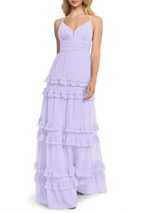 Lilac Flowy V-Neck Chiffon Gown