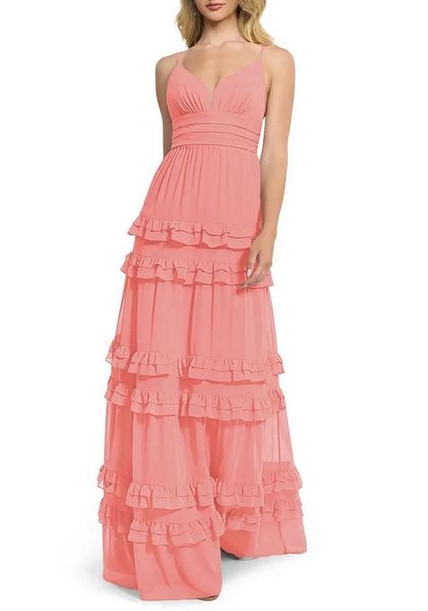 Coral Flowy V-Neck Chiffon Gown