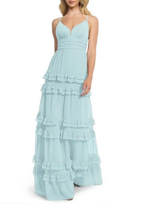 Sky Blue Flowy V-Neck Chiffon Gown