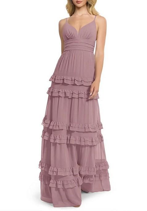 Dusty Rose Flowy V-Neck Chiffon Gown