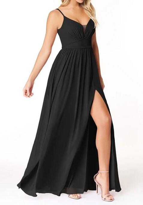 Black Flowy V-Neck Pleated Chiffon Gown