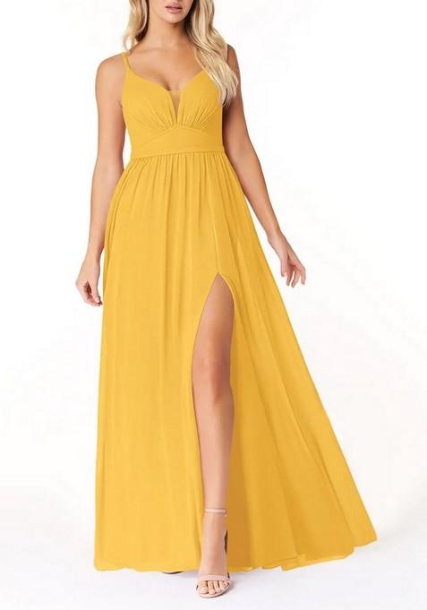 Marrigold Flowy V-Neck Pleated Chiffon Gown