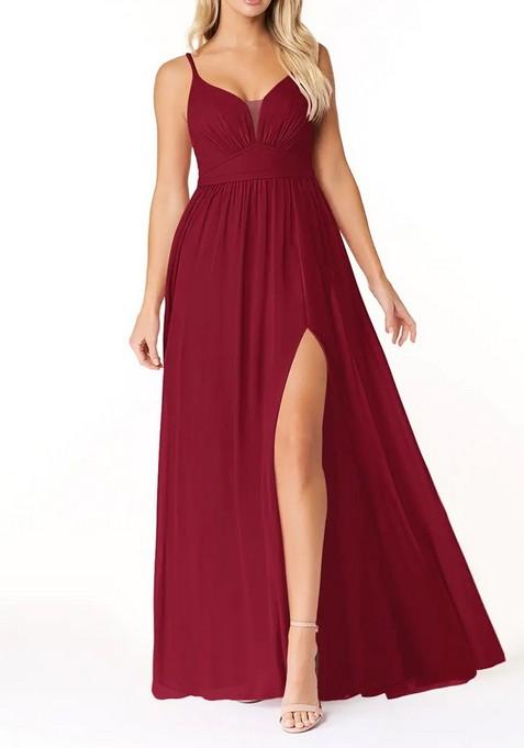 Burgundy Flowy V-Neck Pleated Chiffon Gown