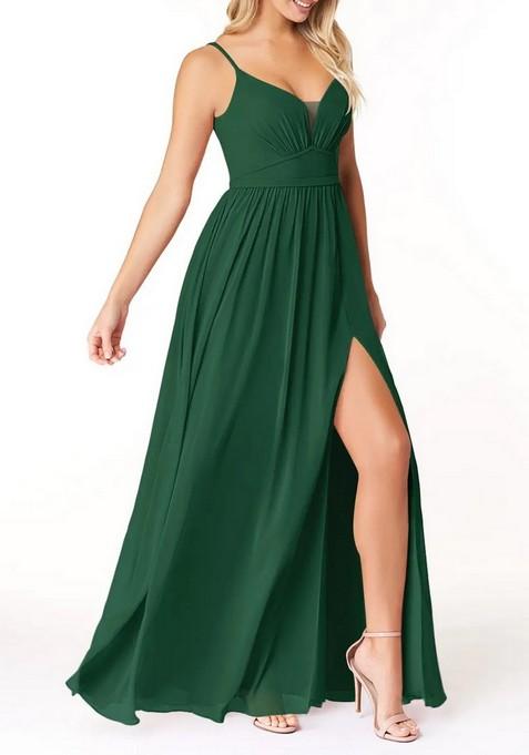 Dark Green Flowy V-Neck Pleated Chiffon Gown