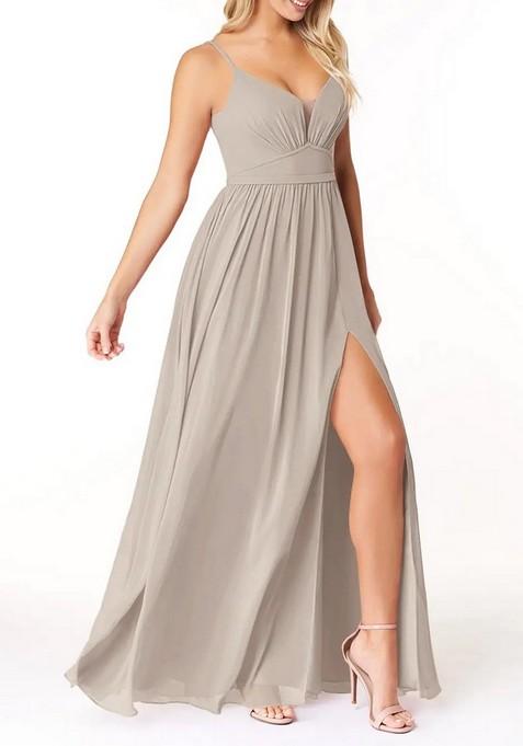 Grey Flowy V-Neck Pleated Chiffon Gown