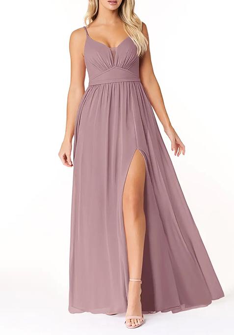 Dusty Rose Flowy V-Neck Pleated Chiffon Gown