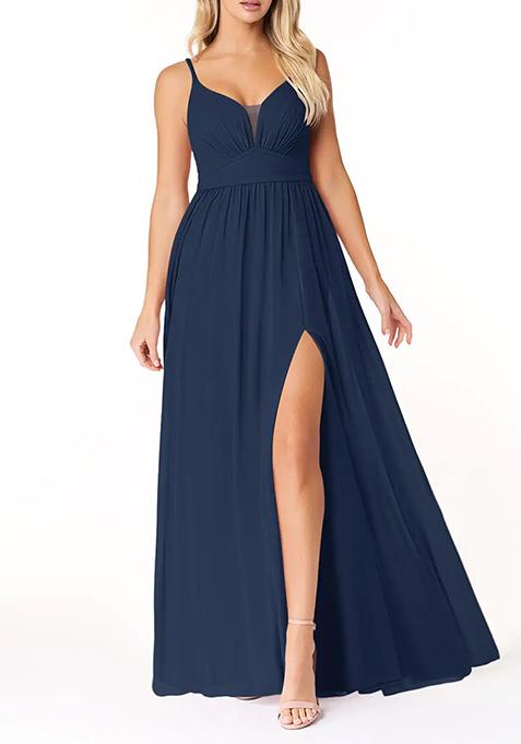 Dark Navy Flowy V-Neck Pleated Chiffon Gown