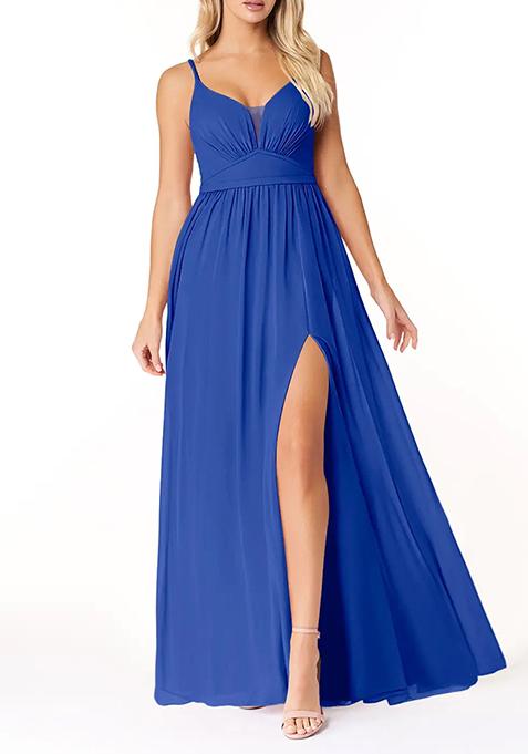 Royal Blue Flowy V-Neck Pleated Chiffon Gown