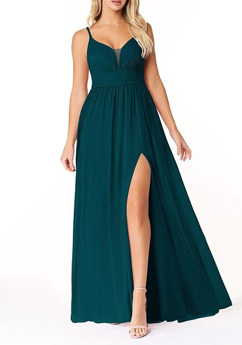 Dark Green Flowy V-Neck Pleated Chiffon Gown