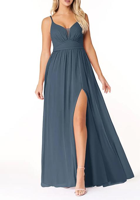 Blue Flowy V-Neck Pleated Chiffon Gown