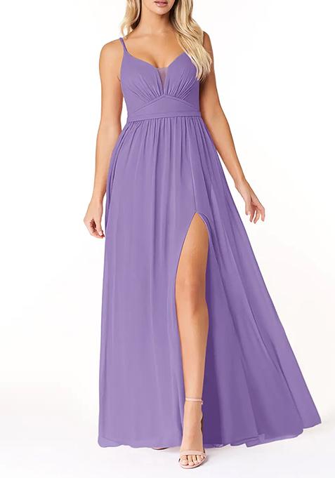 Lavender Flowy V-Neck Pleated Chiffon Gown