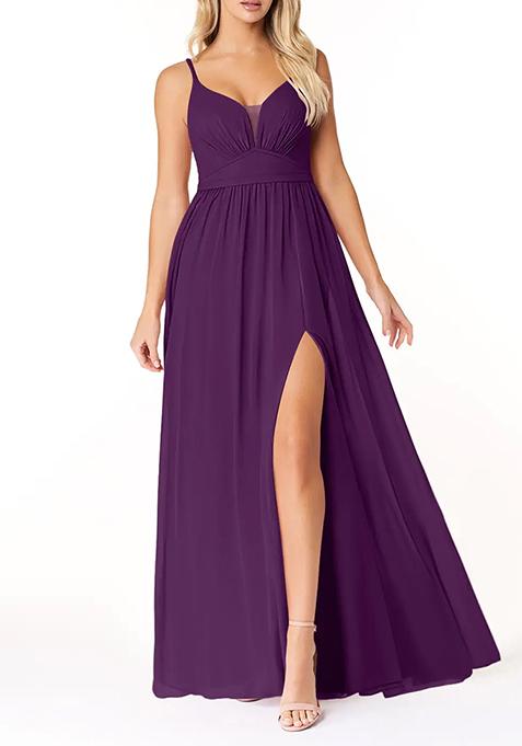 Purple Flowy V-Neck Pleated Chiffon Gown