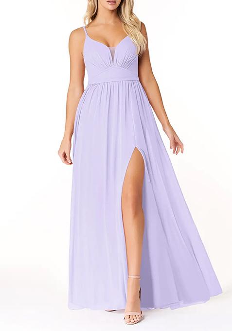 Lilac Flowy V-Neck Pleated Chiffon Gown