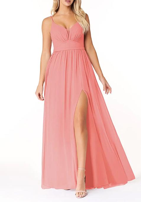 Coral Flowy V-Neck Pleated Chiffon Gown